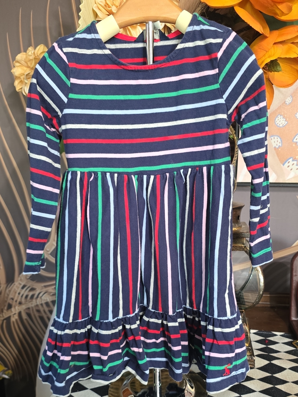 Girls Joules 4 4t Navy Multi-Stripe Long Sleeve Dress With Ruffle